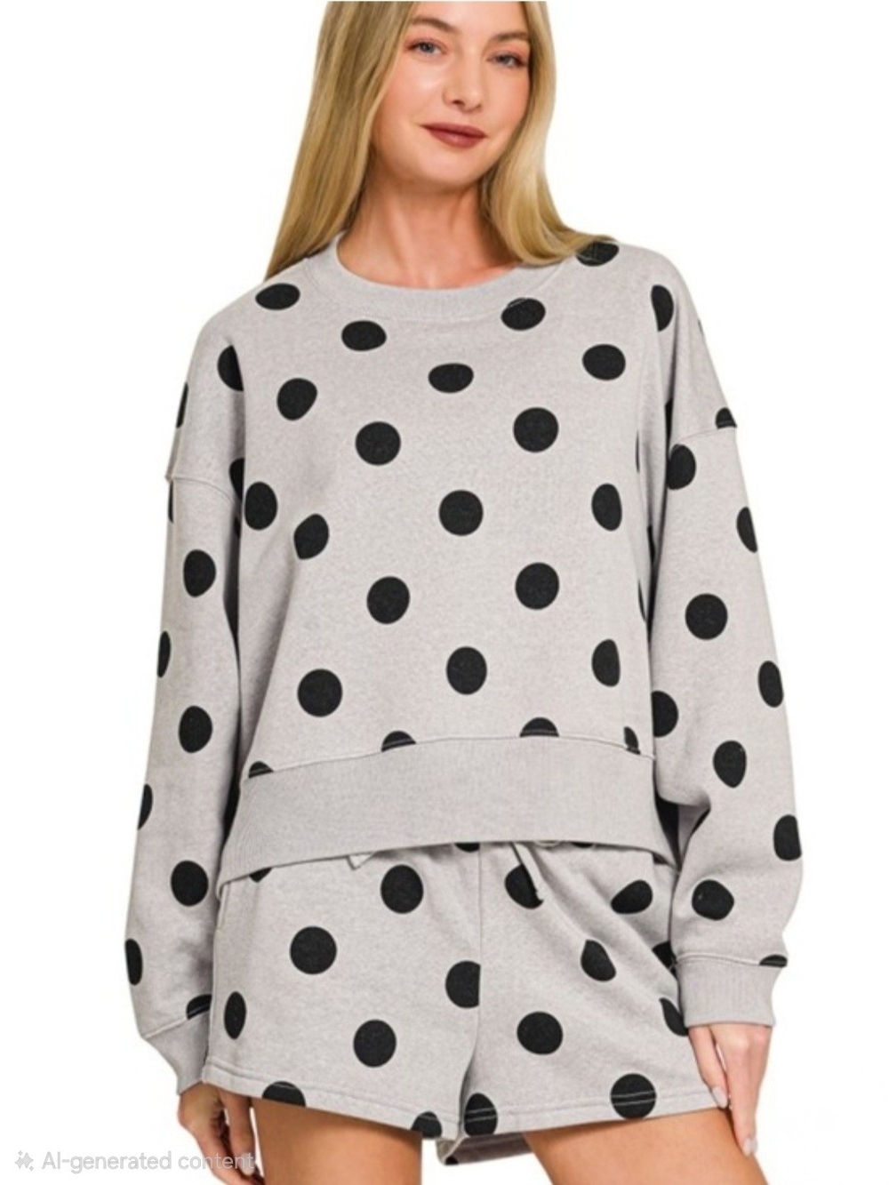 Zenana Gray Polka Dot Lounge Set - Sweatshirt & Shorts